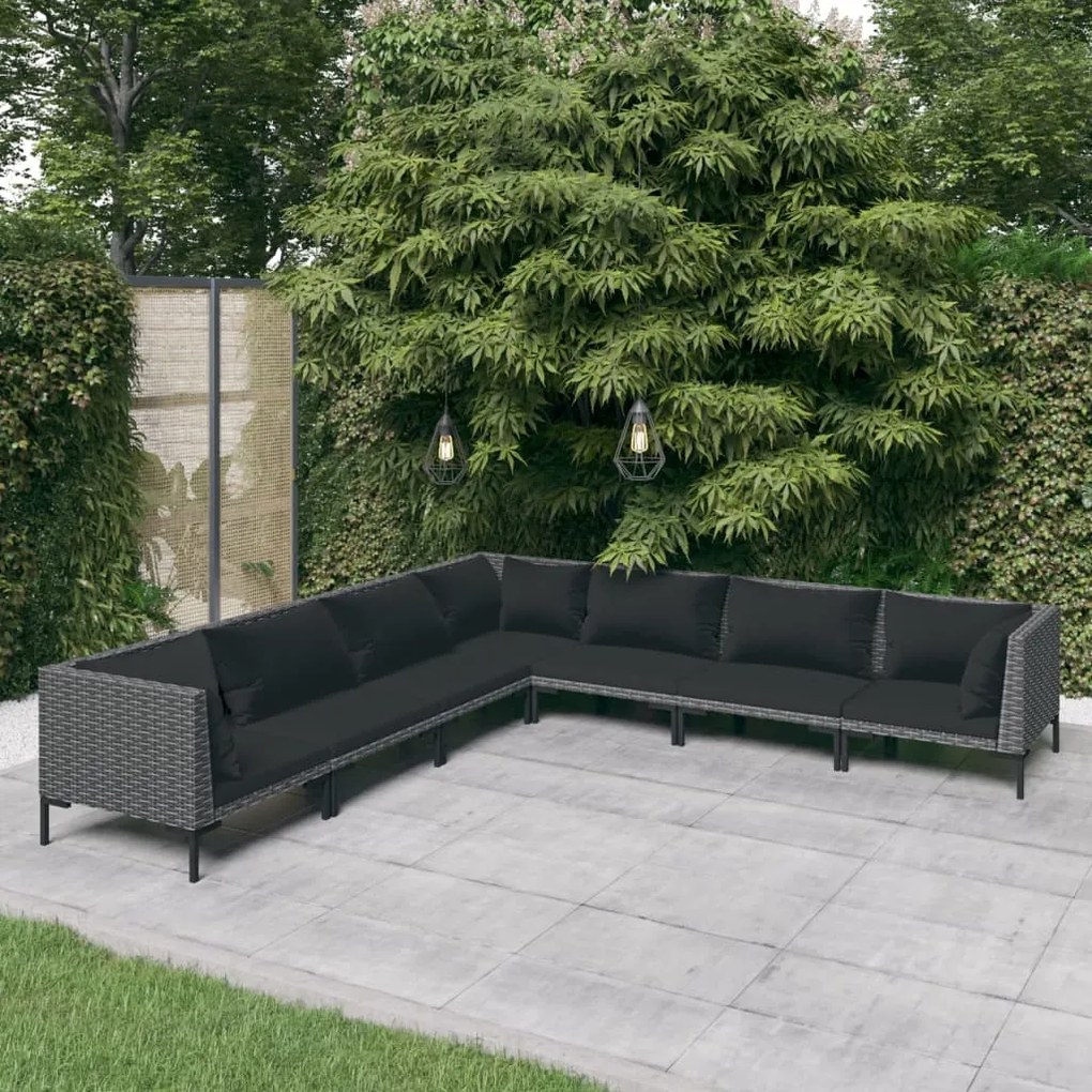 vidaXL 7 pcs conj. lounge jardim c/ almofadões vime PE cinzento-escuro