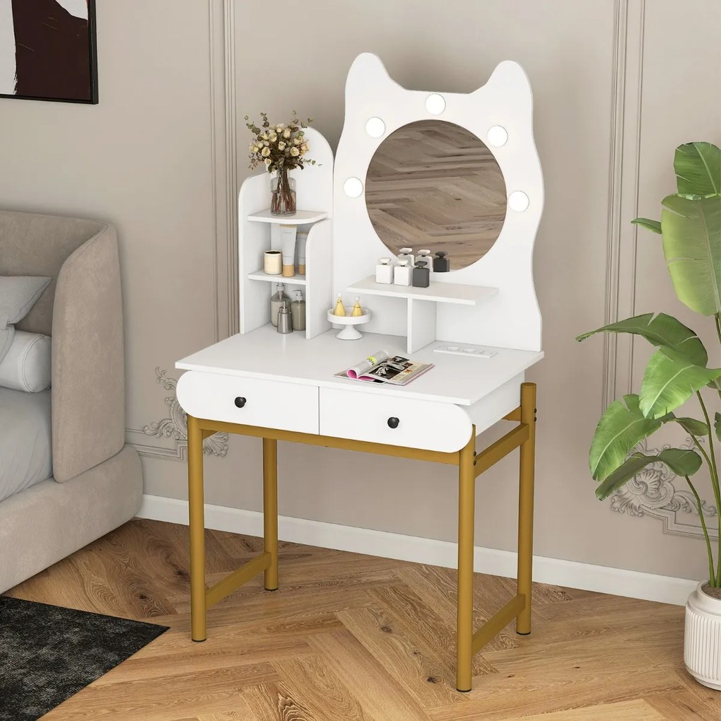 Toucador com espelho e luzes 80 x 50 x 150 cm em forma de gatinho com 3 modos de iluminação e brilho ajustável e 2 gavetas Branca