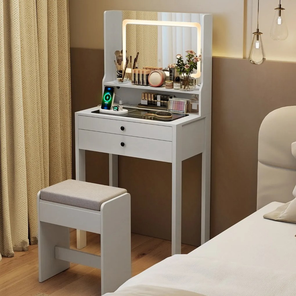 Toucador com espelho e iluminação Mesa de maquilhagem com tomadas elétricas 3 modos de iluminação e banco acolchoado branco