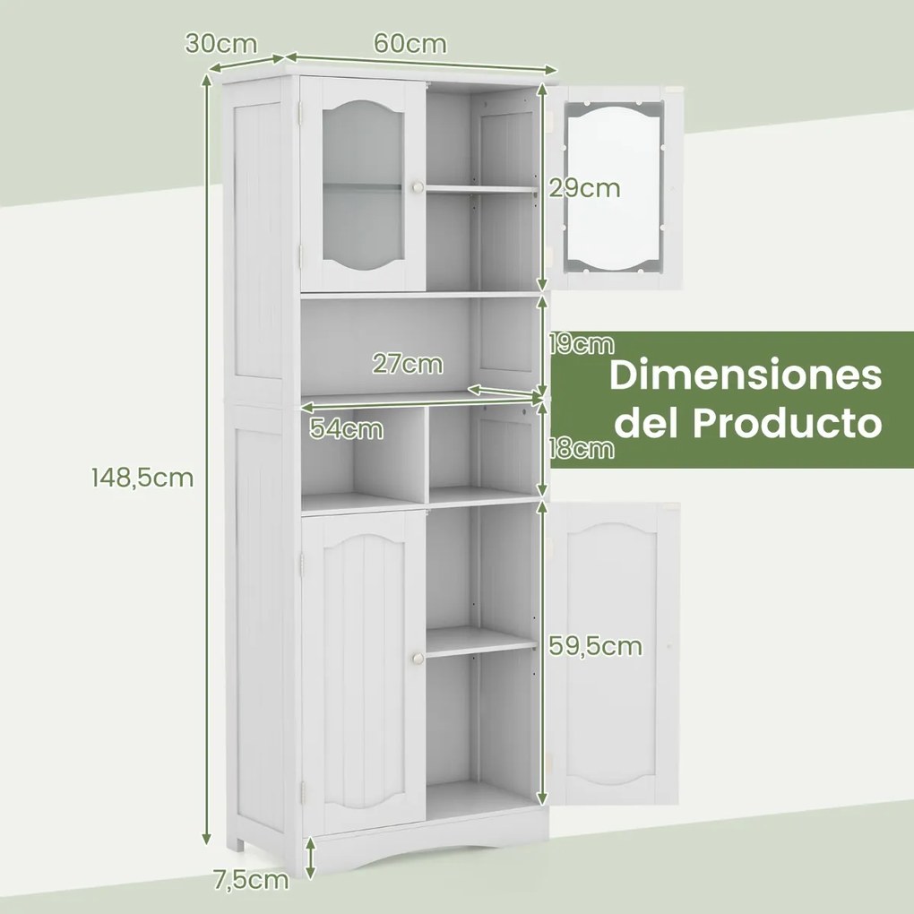 Armário de cozinha, casa de banho com portas de vidro fosco 60 x 30 x 148,5 cm Branco