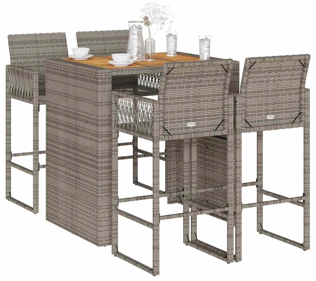 vidaXL 5 pcs conj. bar jardim sem almofadões vime PE/acácia cinzento