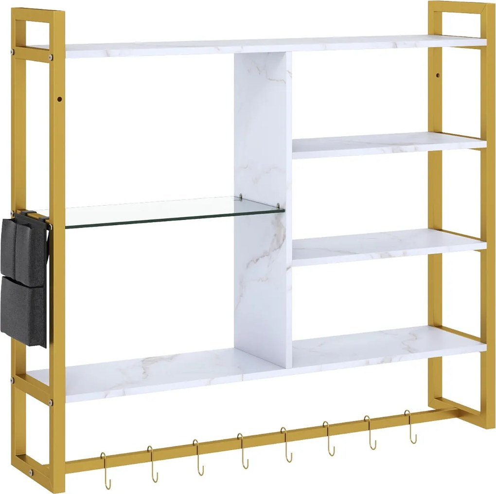 Prateleira suspensa moderna 107 x 24 x 96 cm, 6 níveis, 8 ganchos e bolso lateral para cozinha, bar ou casa – Dourada e Branco