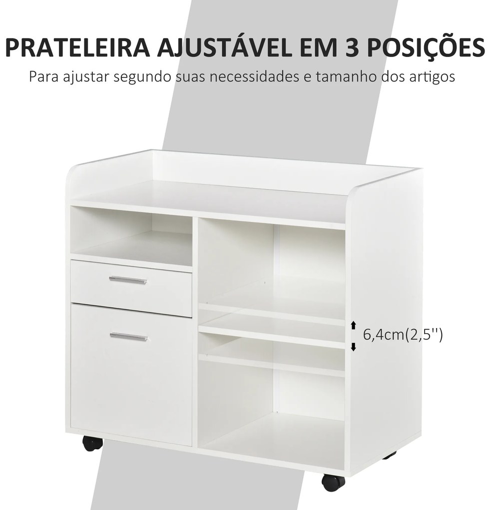 Armário para Impressora com 3 Compartimentos 2 Gavetas para Arquivos Prateleira 2 Rodas com Freios 80x40x72 cm Branco