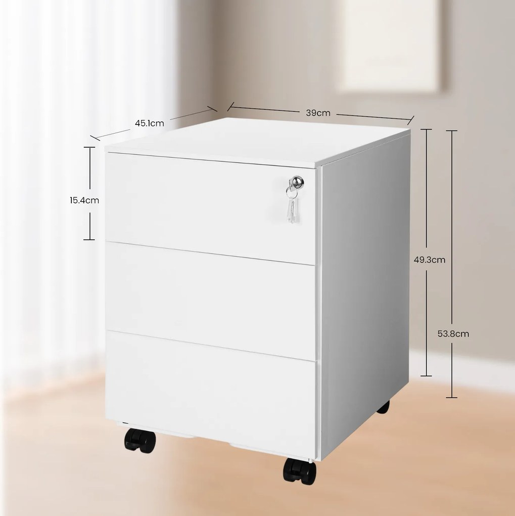 Bloco gavetas escritório 39 x 45 x 55 cm com rodas com 3 gavetas Branco