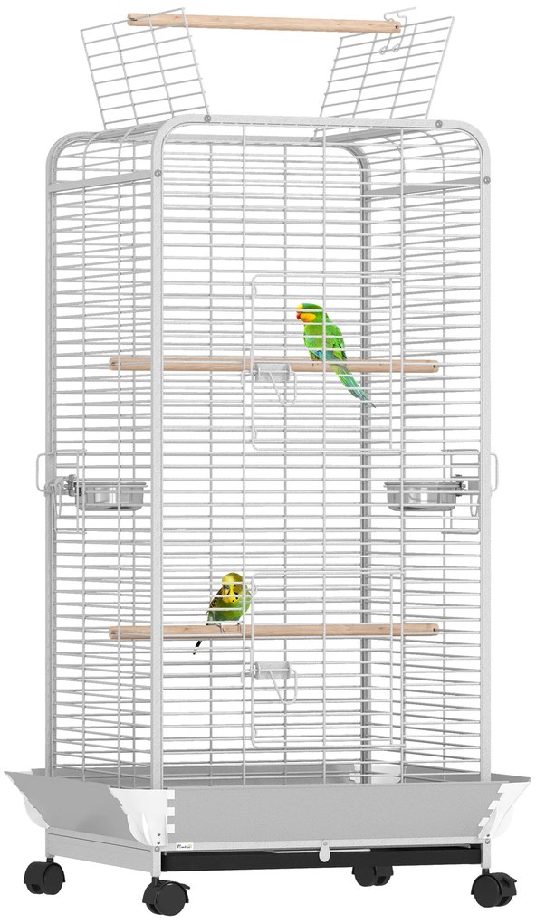 Gaiola para Pássaros Gaiola para Papagaios com Rodas Poleiros Comedouro e Bandeja Amovível 79x73x146 cm Cinza Claro
