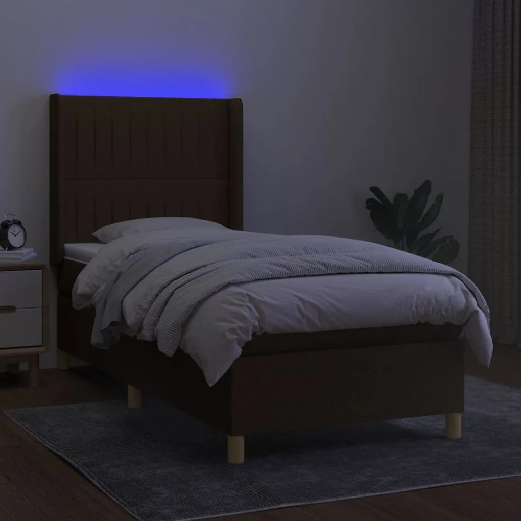 Cama box spring c/ colchão/LED 90x190 cm tecido castanho-escuro