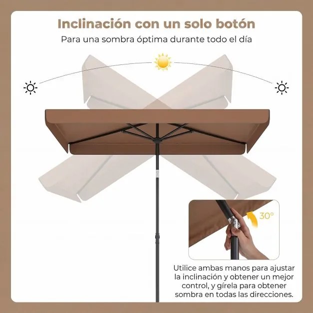 Guarda-sol retangular 200 x 130 cm para terraço exterior com inclinação bidirecional de 30°, bolsa de transporte e enfeites para pátio, piscina e