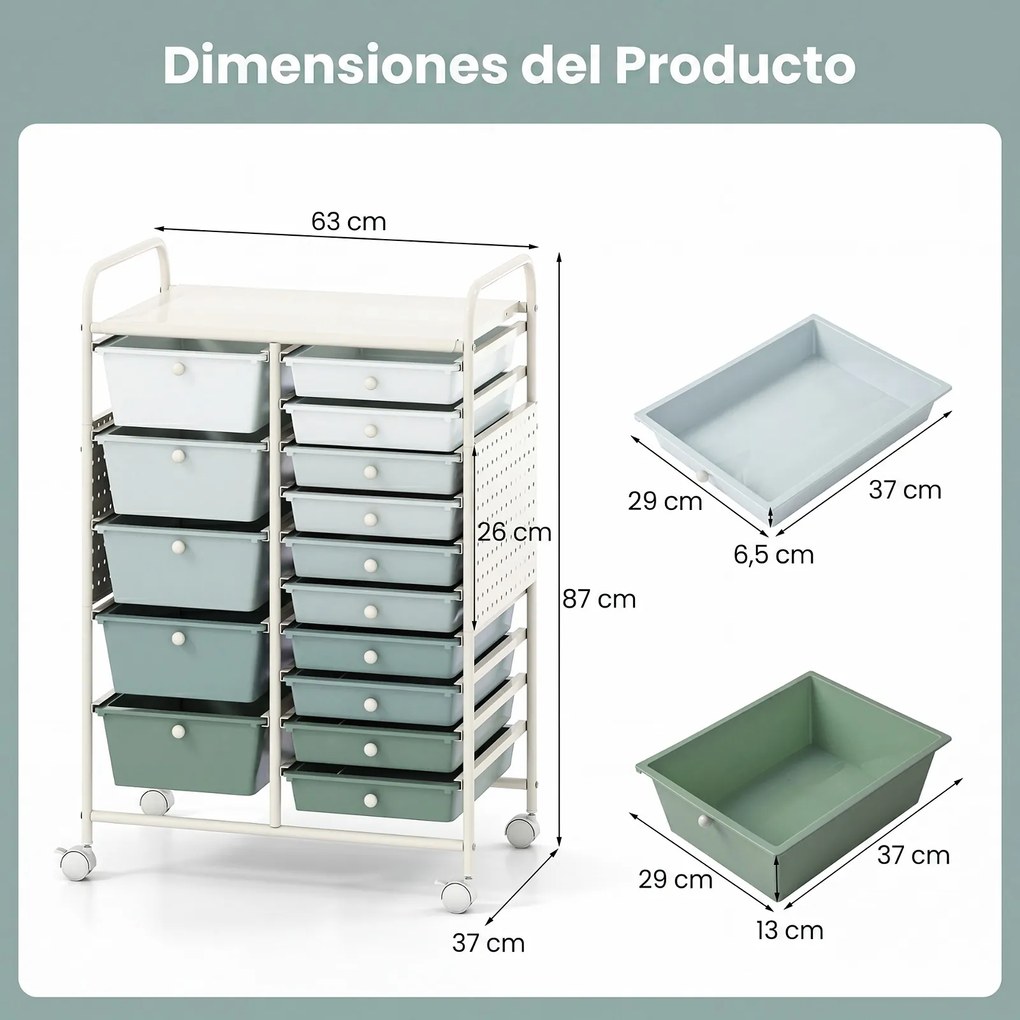 Carrinho de Arrumação, 63 x 37 x 87,5 cm, 15 Gavetas, Verde