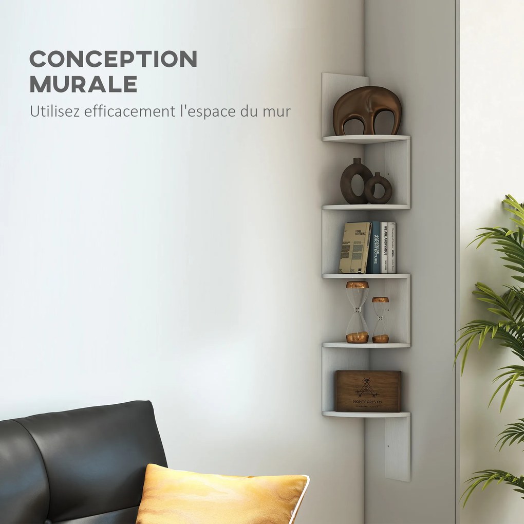 Estante de canto de parede para arrumação, em forma de ziguezague, 20 L x 20 L x 126 A cm, 5 prateleiras, madeira branca