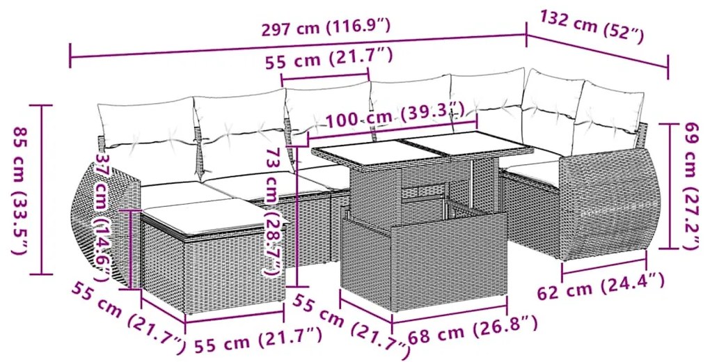 8 pcs conjunto sofás de jardim c/ almofadões vime PE castanho