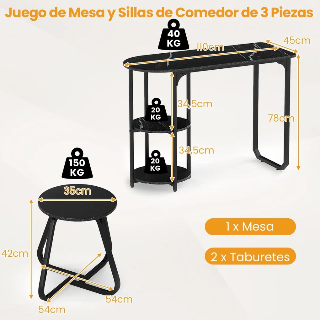 Conjunto de mesa de jantar de madeira e metal e 2 bancos com Prateleiras Armazenamento para Espaços pequenos Preto