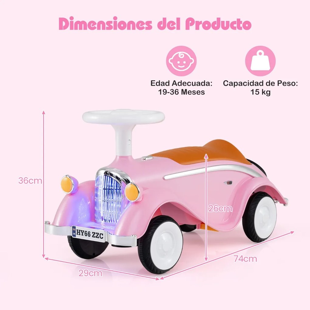 Andador carro clássico com volante, buzina, luz LED e espaço de armazenamento sob o assento para crianças de 19 a 36 meses Rosa