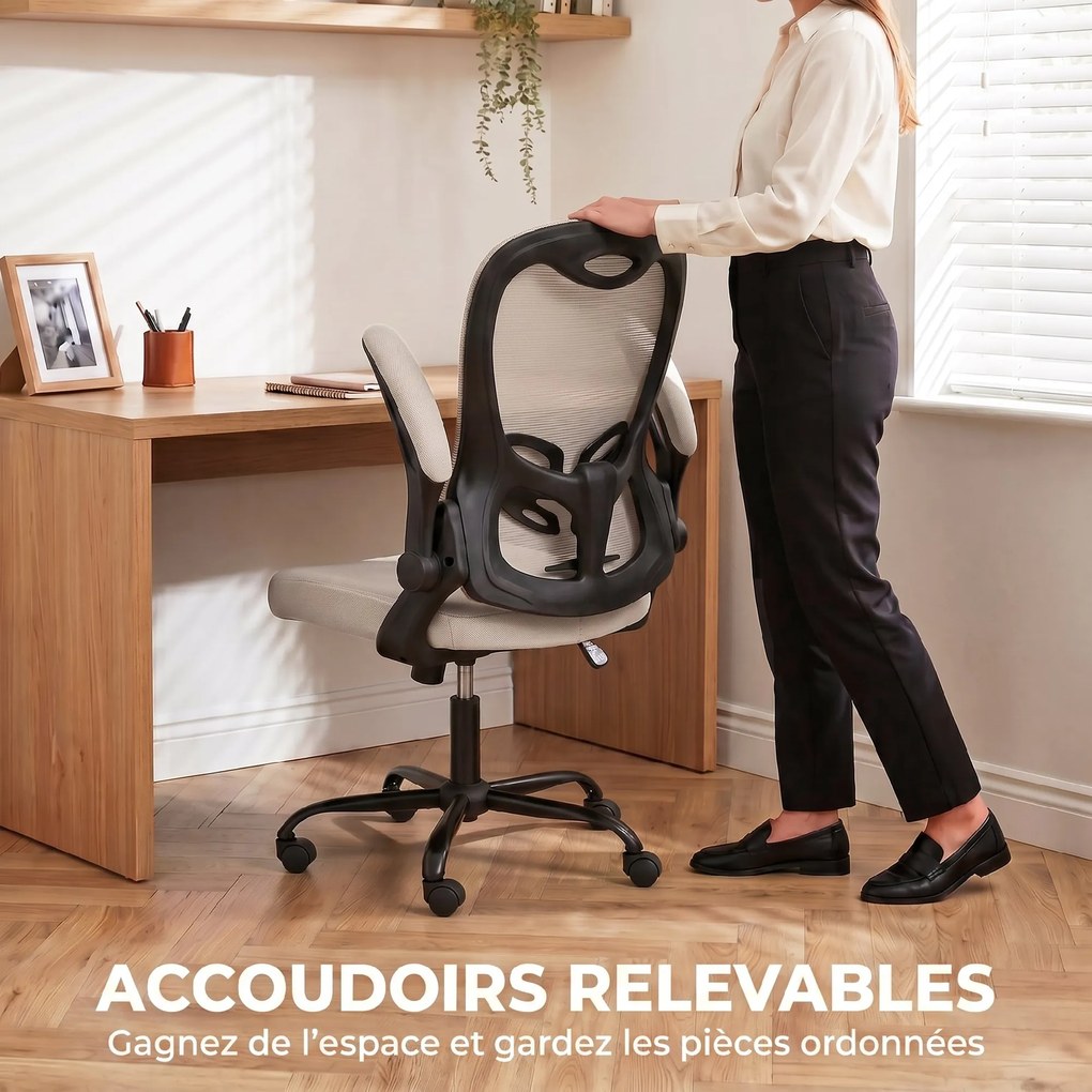 Cadeira de escritório ergonómica, cadeira de escritório em malha, braços rebatíveis, altura ajustável bege