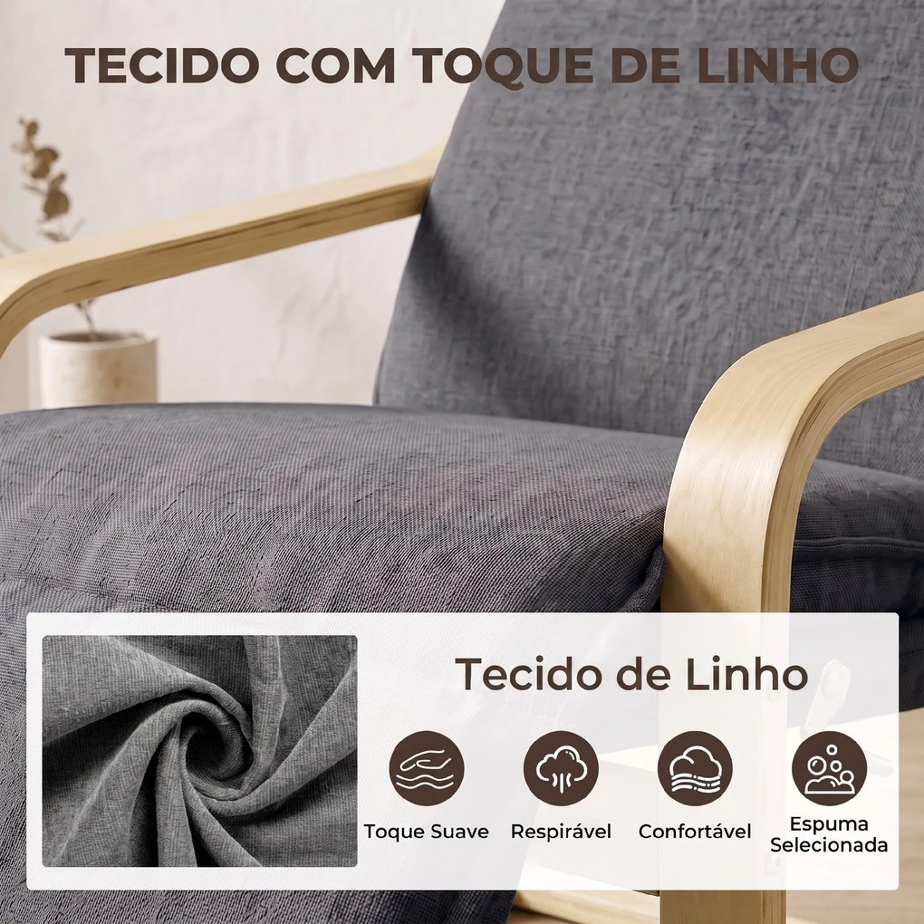 Poltrona de Sala em Tecido Efeito Linho com Apoio para os Pés, Baloiço Suave, Encosto Alto e Assento Largo, Cinzento Escuro