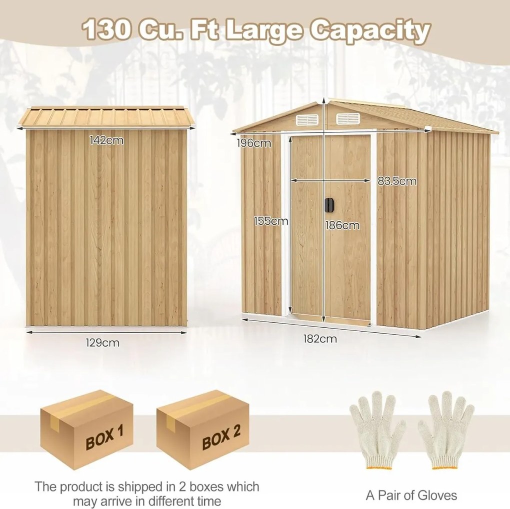 Abrigo jardim com base de fundação (SEM PISO) em metal galvanizado 196 x 142 x 186 cm Castanho