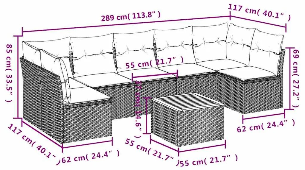 8 pcs conjunto sofás de jardim com almofadões vime PE preto