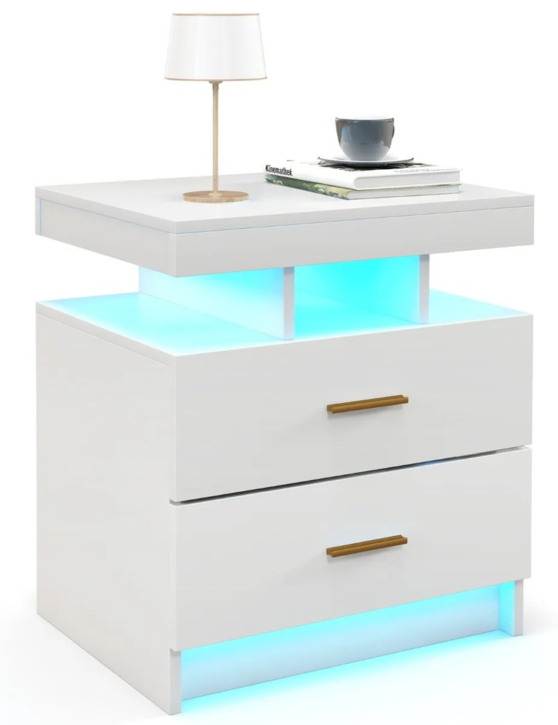 Mesa de cabeceira LED com 2 gavetas Mesa de cabeceira moderna com modo de luz ajustável e controlo remoto 50 x 40 x 58 cm Branca