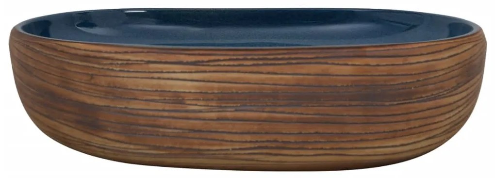 Lavatório de bancada oval 59x40x14 cm cerâmica castanho e azul