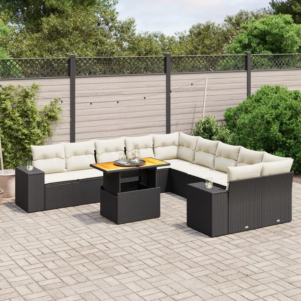 11 pcs conjunto sofás de jardim c/ almofadões vime PE preto