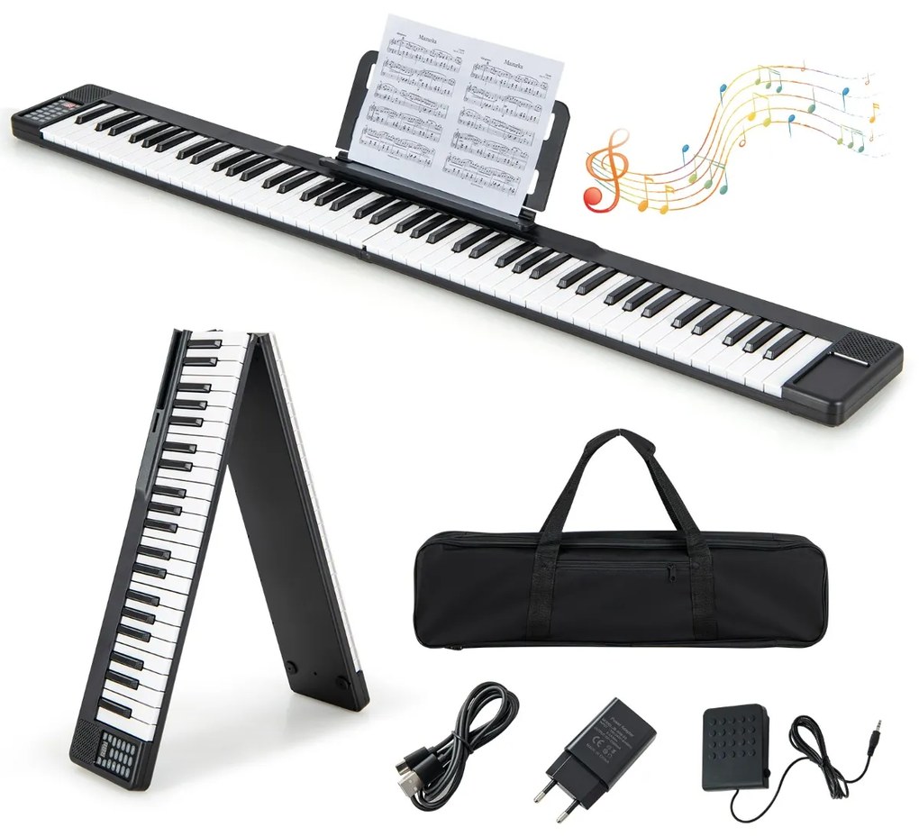 Piano digital dobrável de 88 teclas com Bluetooth MIDI Altifalantes duplos Pedal de sustentação e bolsa de transporte Preto e branco