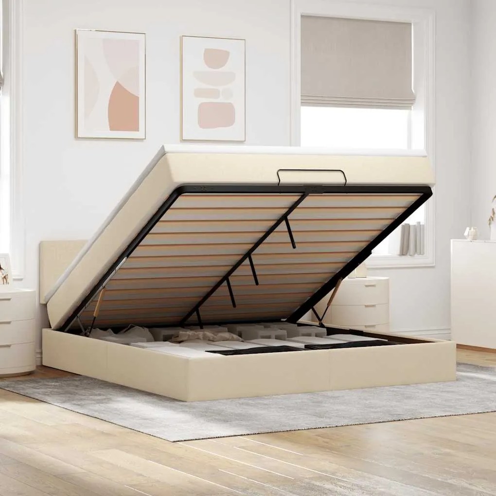 Estrutura de cama otomana com colchão tecido creme 160x200cm