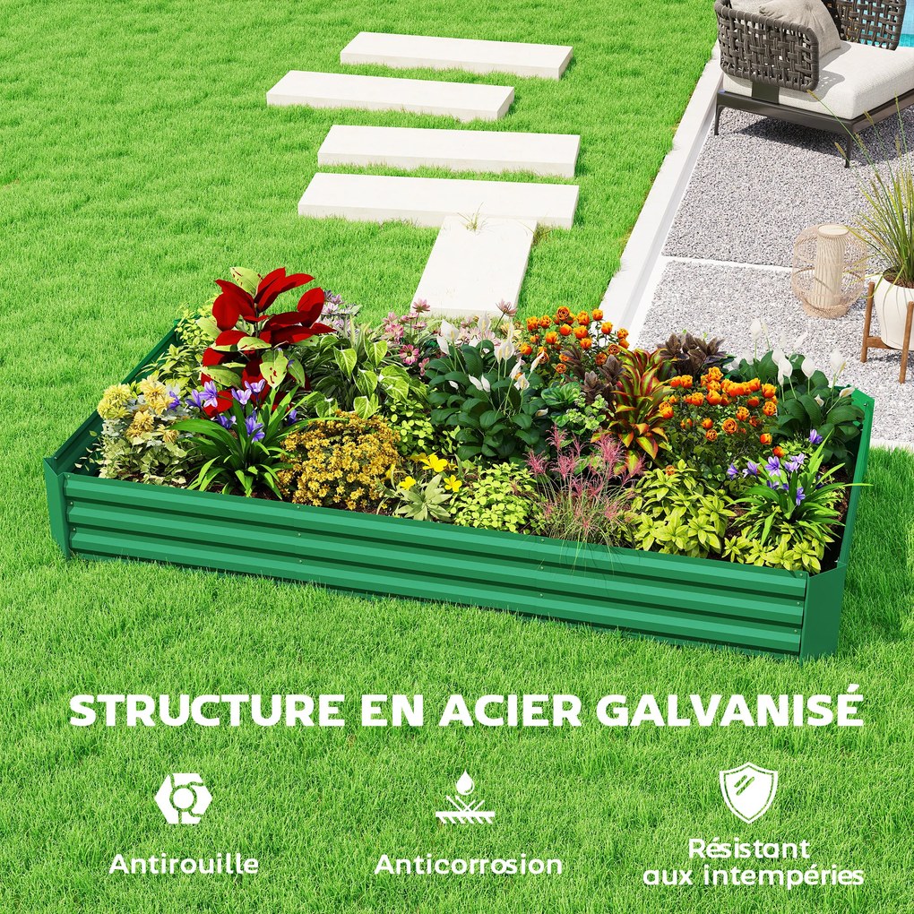 Floreira de jardim exterior 240 x 120 x 30 cm galvanizada com rebordo de segurança e fundo aberto, , verde