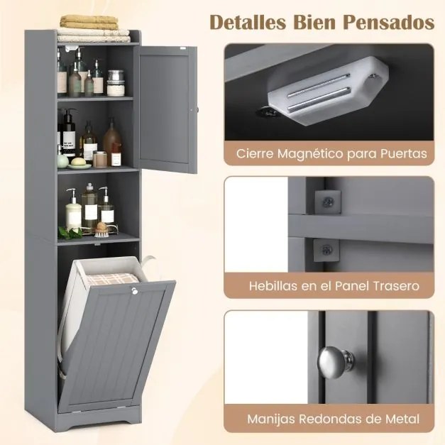 Armário de banho com prateleira ajustável e saco de roupa suja com alças longas e curtas para banheiro 40 x 40 x 170 cm cinza