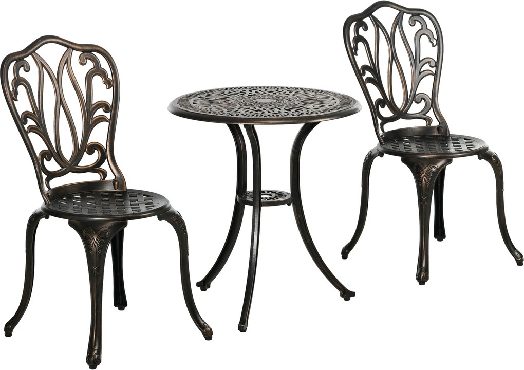 Conjunto de jardim de 2 lugares com 2 cadeiras + mesa redonda em estilo retro, em alumínio fundido e bronze