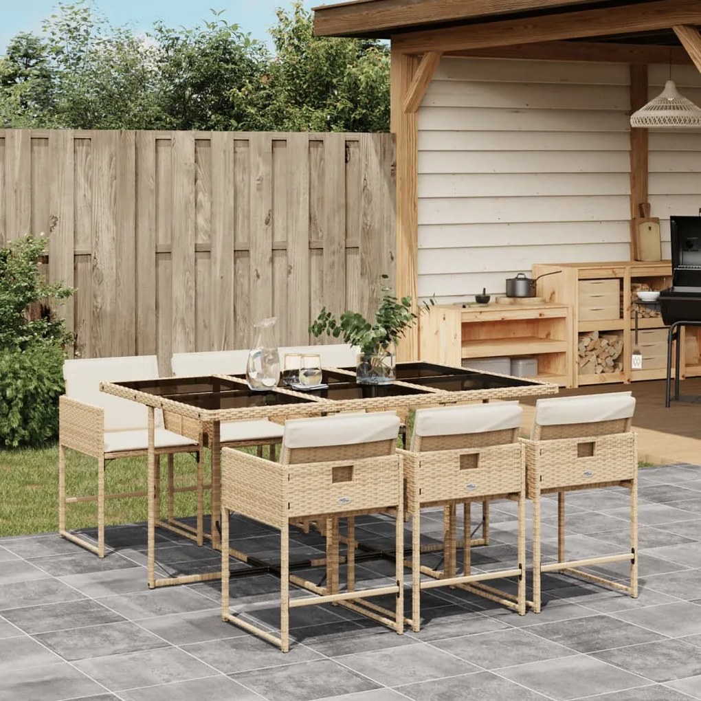 vidaXL 7 pcs conjunto de jantar p/ jardim com almofadões vime PE bege