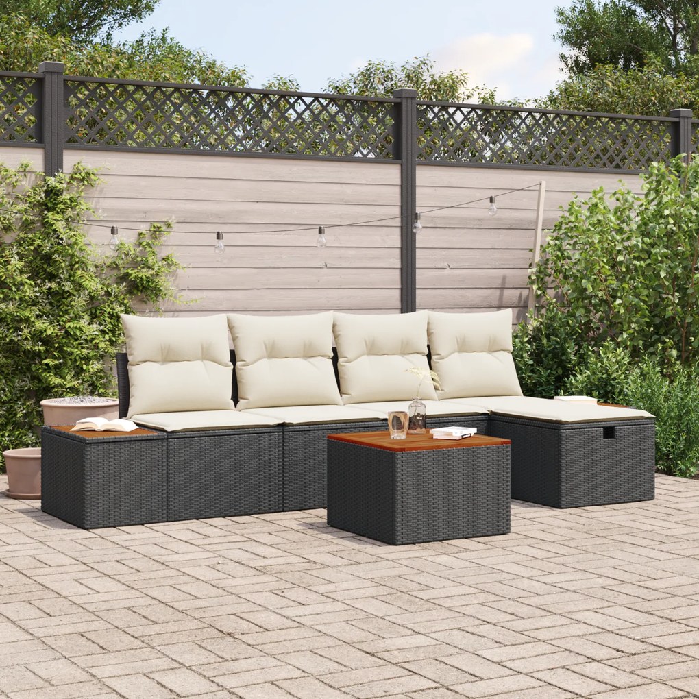 Conjunto de Sofás de Jardim com Almofadas Preto Rattan Poliéster