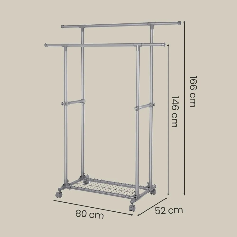 Guarda roupa aberto com rodas, extensível, (87-150) x 52 x 166 cm Cinza