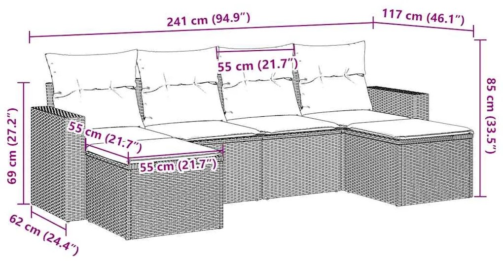 6 pcs conjunto de sofás jardim c/ almofadões vime PE castanho