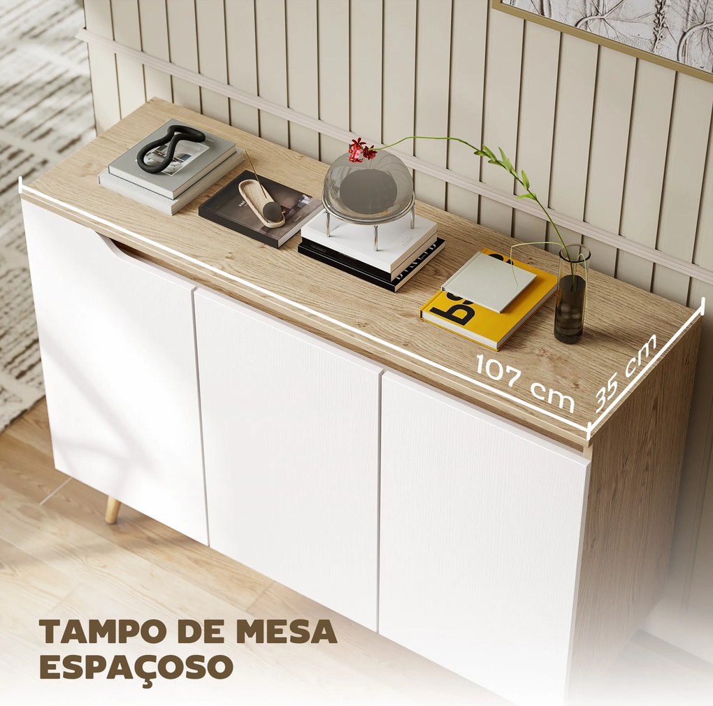 Aparador de Sala com 3 Portas Prateleiras Ajustáveis Pernas de Madeira para Cozinha Entrada 107x35x76,5 cm Carvalho e Branco