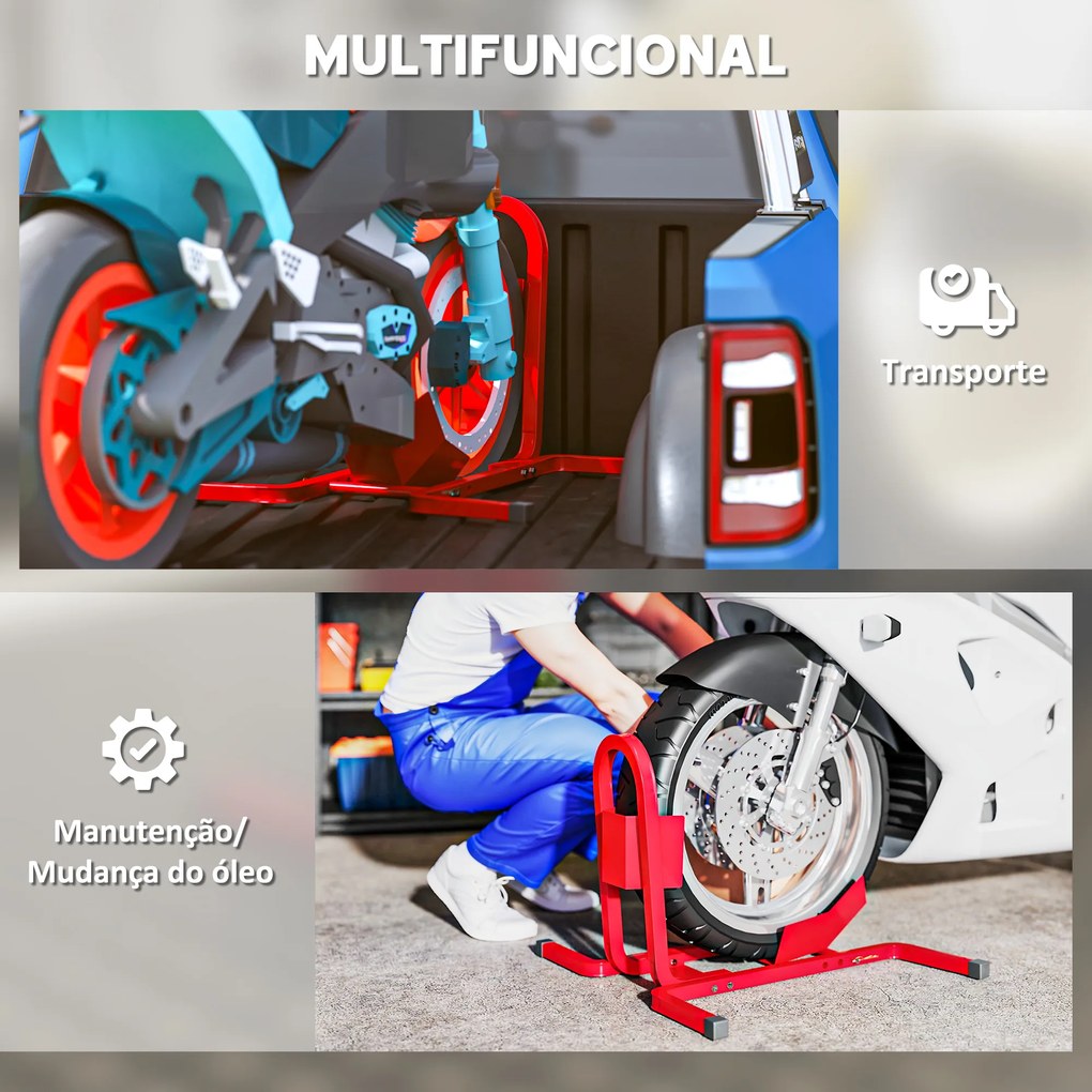 Suporte para Roda Dianteira de Moto Ajustável em 3 Níveis Carga 250 kg 60x55x43 cm Vermelho