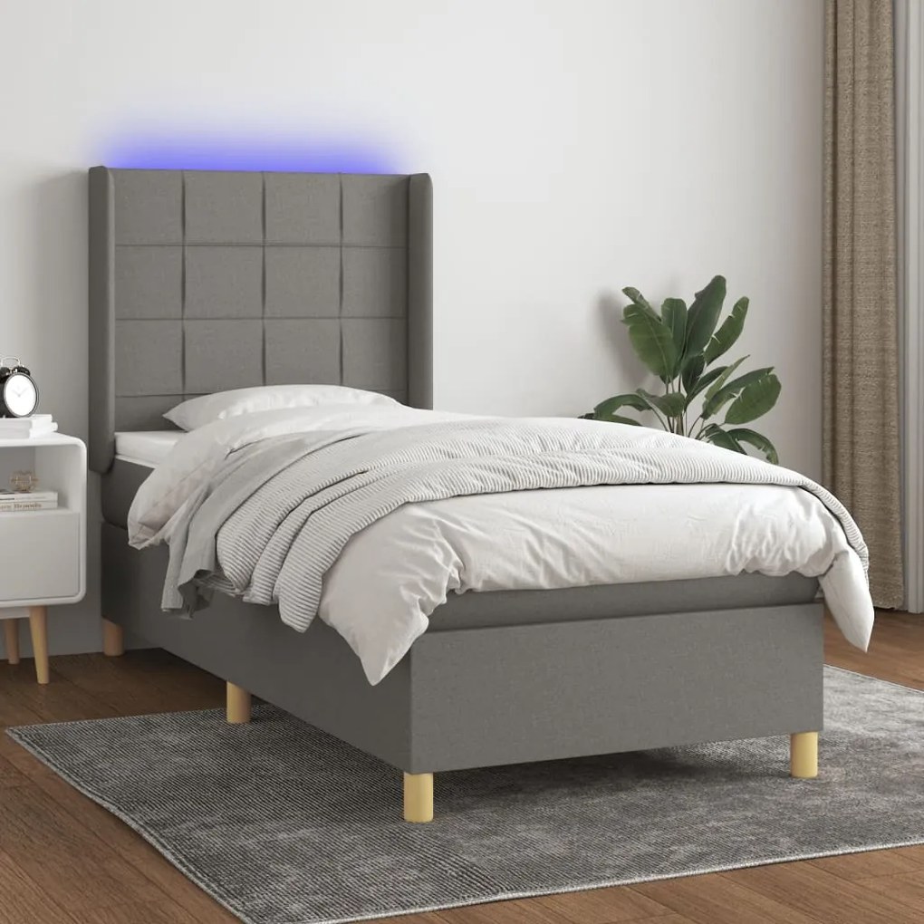 Cama box spring c/ colchão e LED 90x200 cm tecido cinza-escuro