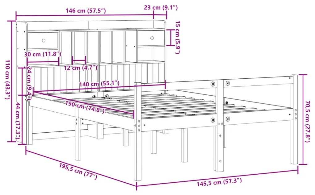 Cama com estante sem colchão 140x190 cm pinho maciço