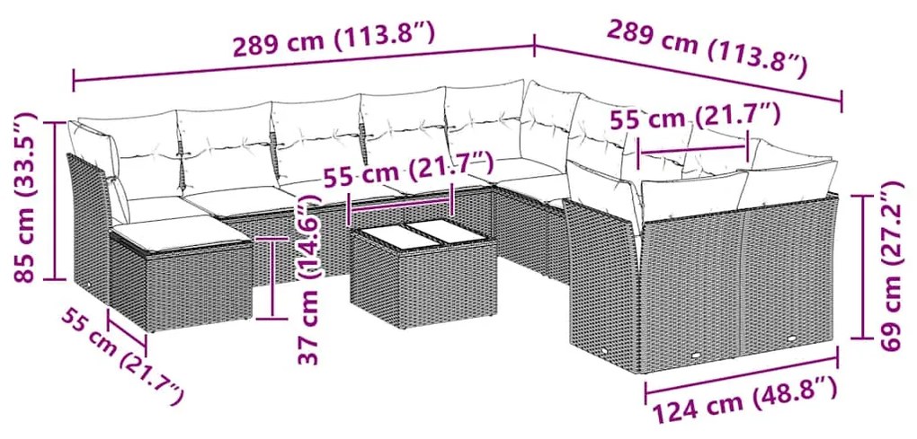 12 pcs conj. sofás jardim com almofadões vime PE cinzento-claro