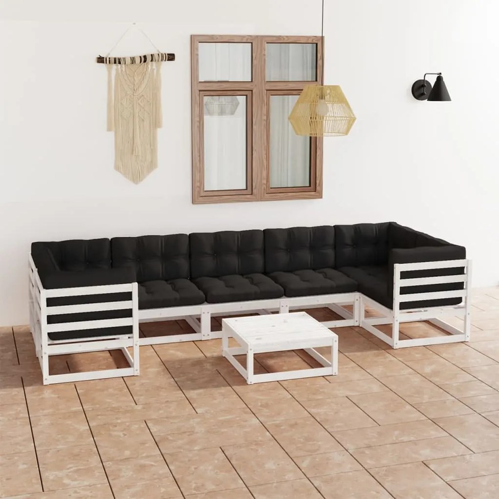 8 pcs conj. lounge de jardim c/ almofadões pinho maciço branco