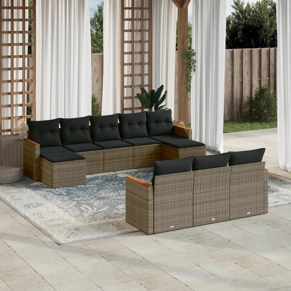 10 pcs conjunto sofás de jardim c/ almofadões vime PE cinzento