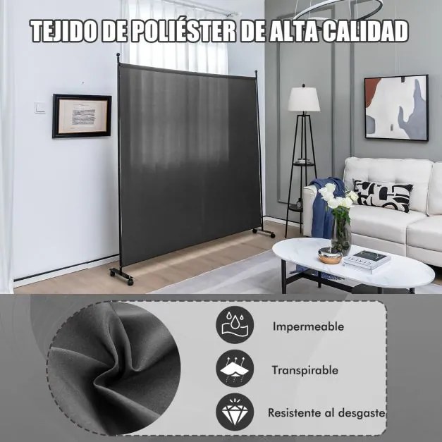 Biombo Divisória de ambientes 184 x 30 x 184 cm com painel único, tela de privacidade larga com rodas bloqueáveis Cinzento