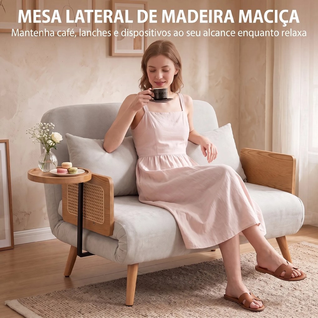 Sofá-Cama 2 Lugares 3 em 1 em Chenille com Encosto Ajustável, Mesa Lateral e 2 Almofadas, Creme