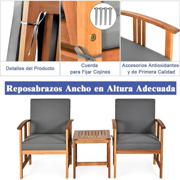 Conjunto de jardim em madeira de acácia com 3 peças e almofadas 2 sofás seccionais acolchoados com mesa de café cinzenta