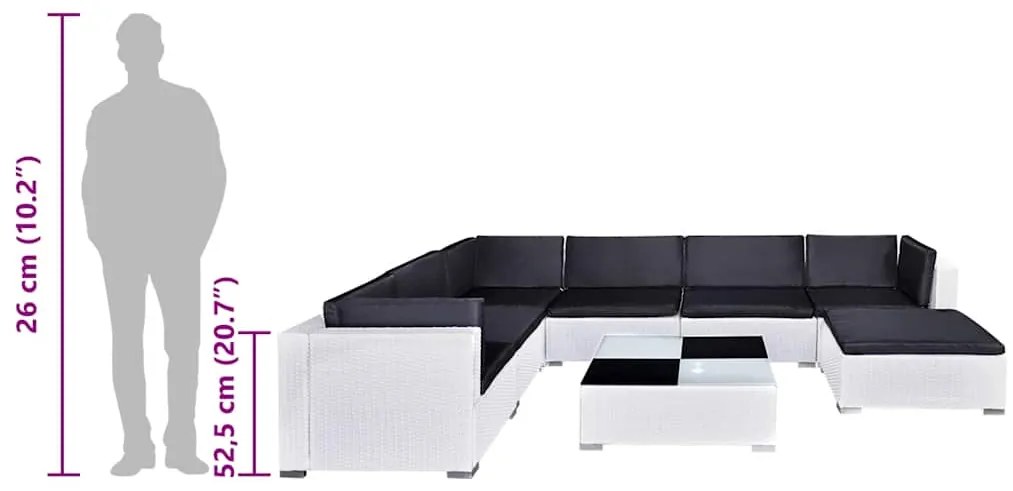 8 pcs conjunto lounge de jardim c/ almofadões vime PE branco