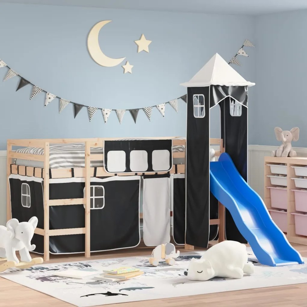 vidaXL Cama alta criança c/ torre 80x200 cm pinho maciço branco/preto
