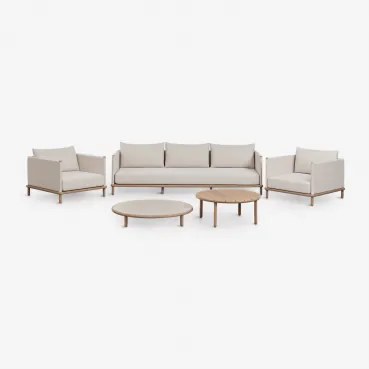 Conjunto De Jardim Com Sofá De 3 Lugares, 2 Poltronas E 2 Mesas De Centro Redondas Em Madeira De Acácia Olivia Marrom Acácia Claro & Branco Gardenia -