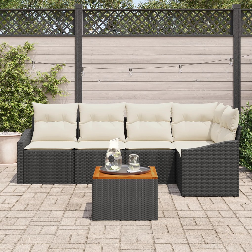 Conjunto de Sofá de Jardim de 6 Peças com Almofadas Preto Poli-Rattan