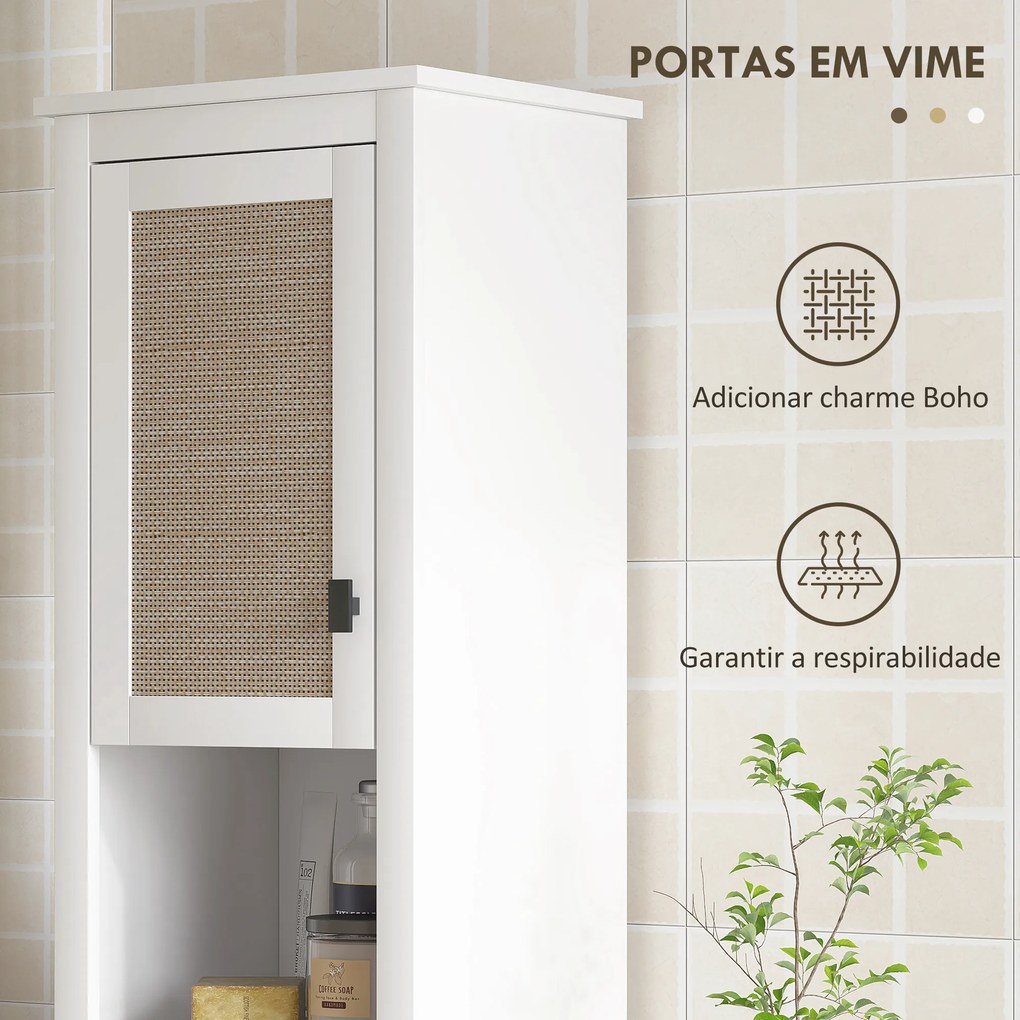 Coluna Casa de Banho com Prateleira Ajustável 2 Portas em Vime e 2 Compartimentos Estilo Boho 40x30x167,5 cm Branco