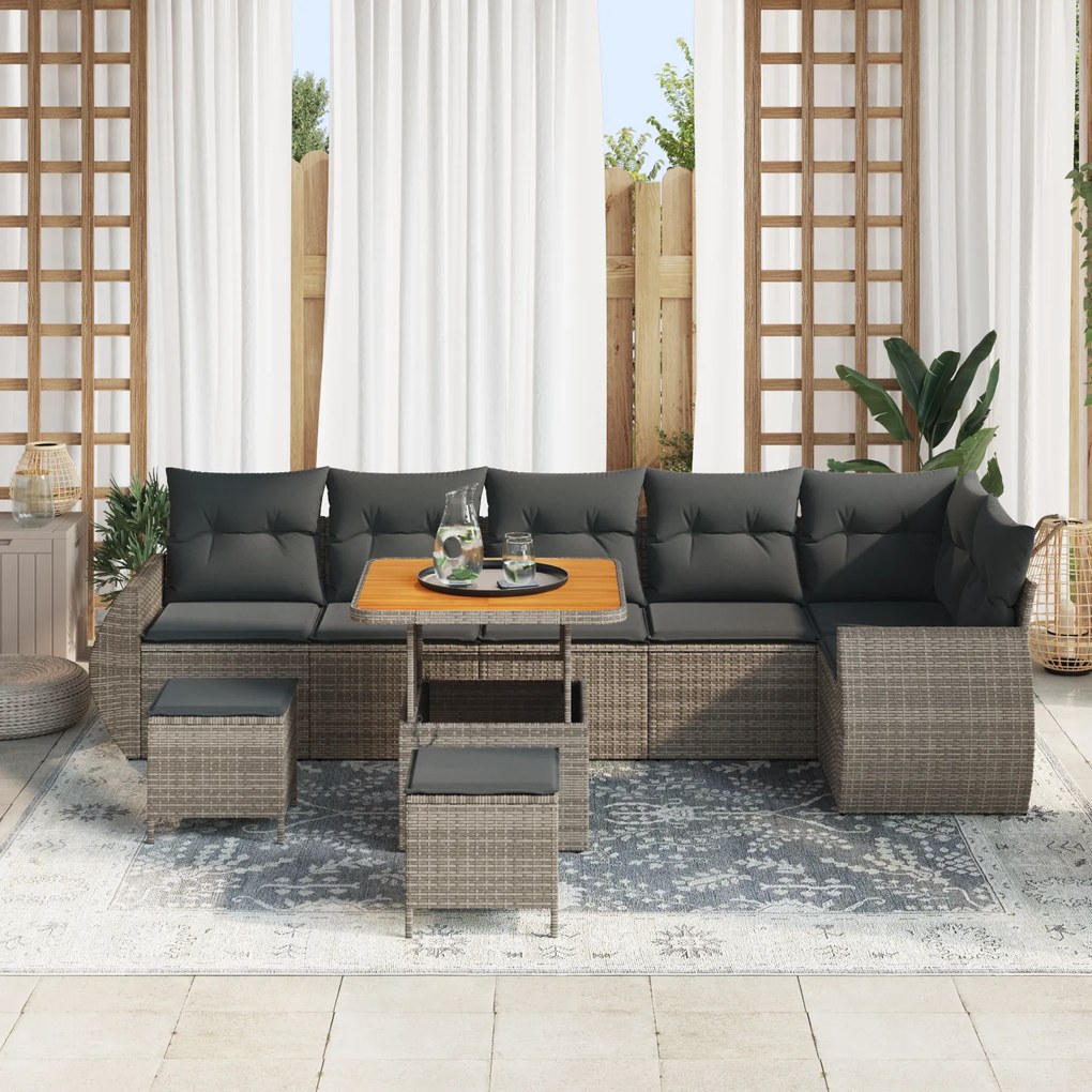 Conjunto de Sofás de Jardim vidaXL de 9 Peças com Almofadas Cinza Poli