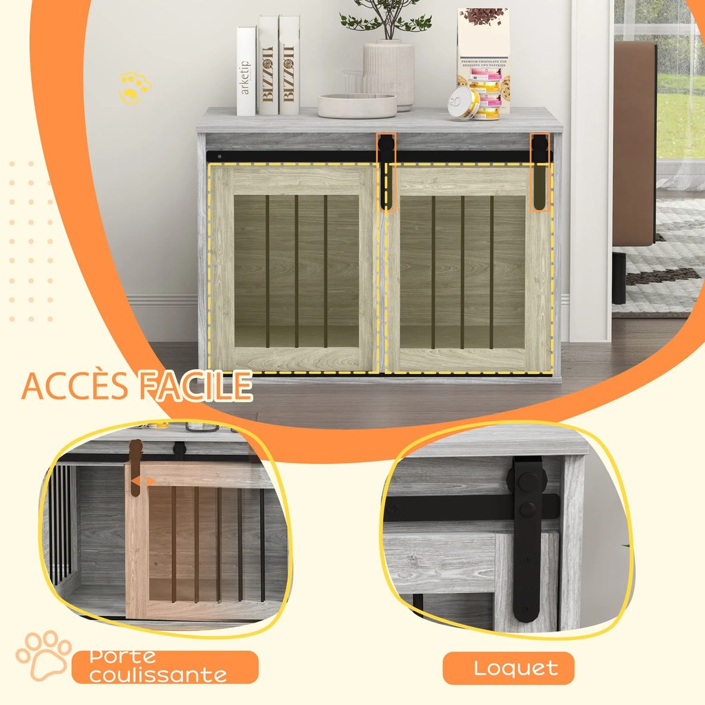 Gaiola para cães e animais de estimação 57 (A) x 80 (C) x 54 (L) cm, para interior, com porta deslizante, em metal com efeito de madeira cinzenta