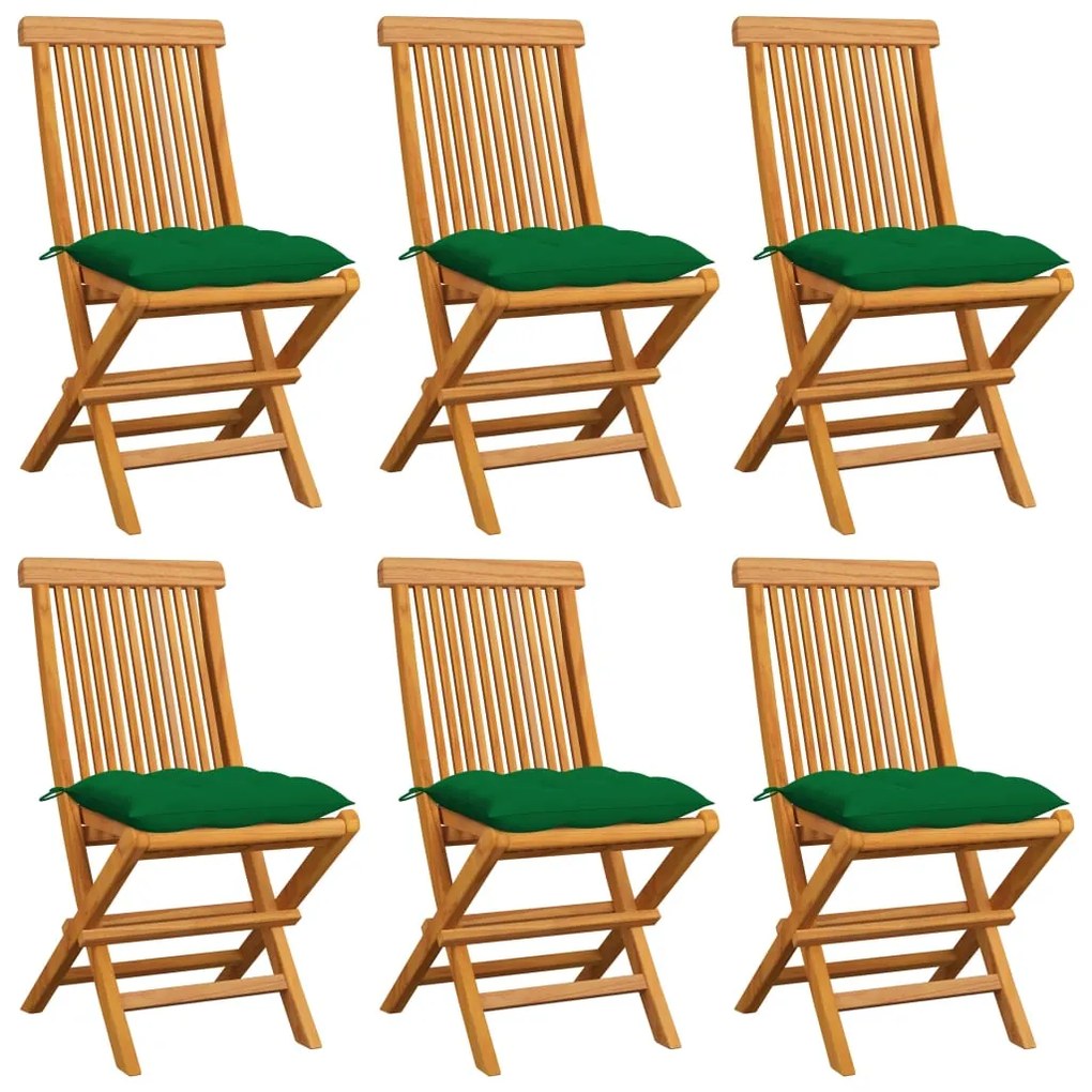 vidaXL Cadeiras de jardim c/ almofadões verdes 6 pcs teca maciça